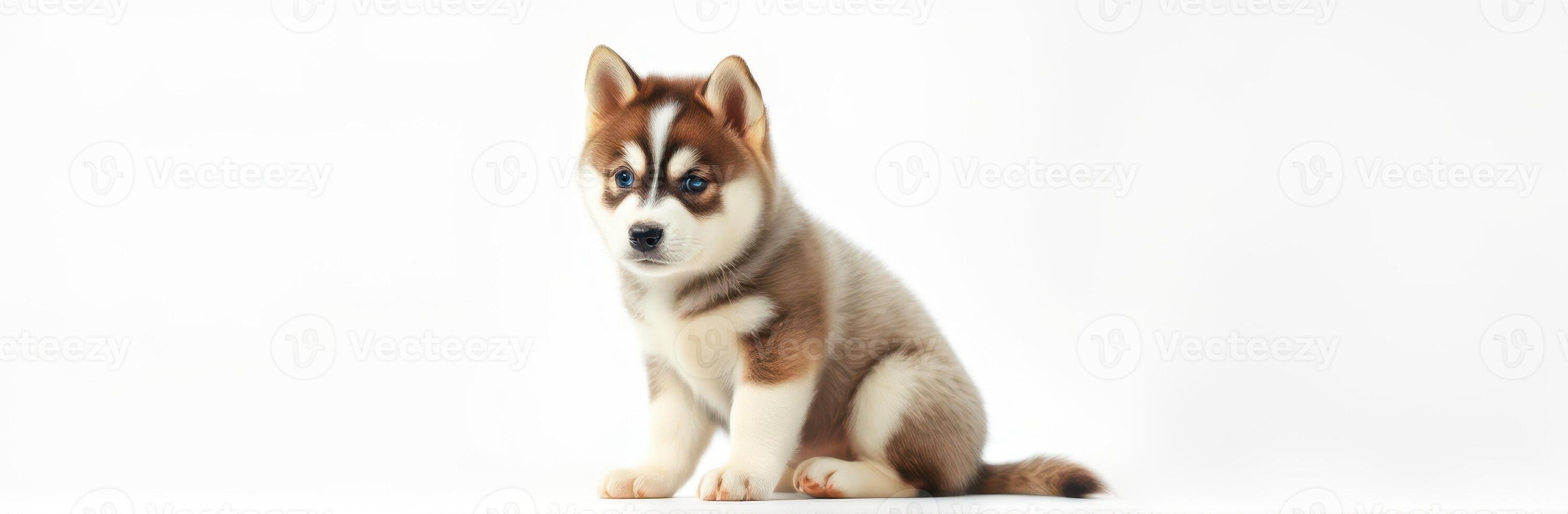 Cute husky puppy sitting on a plain background with curious expression photo