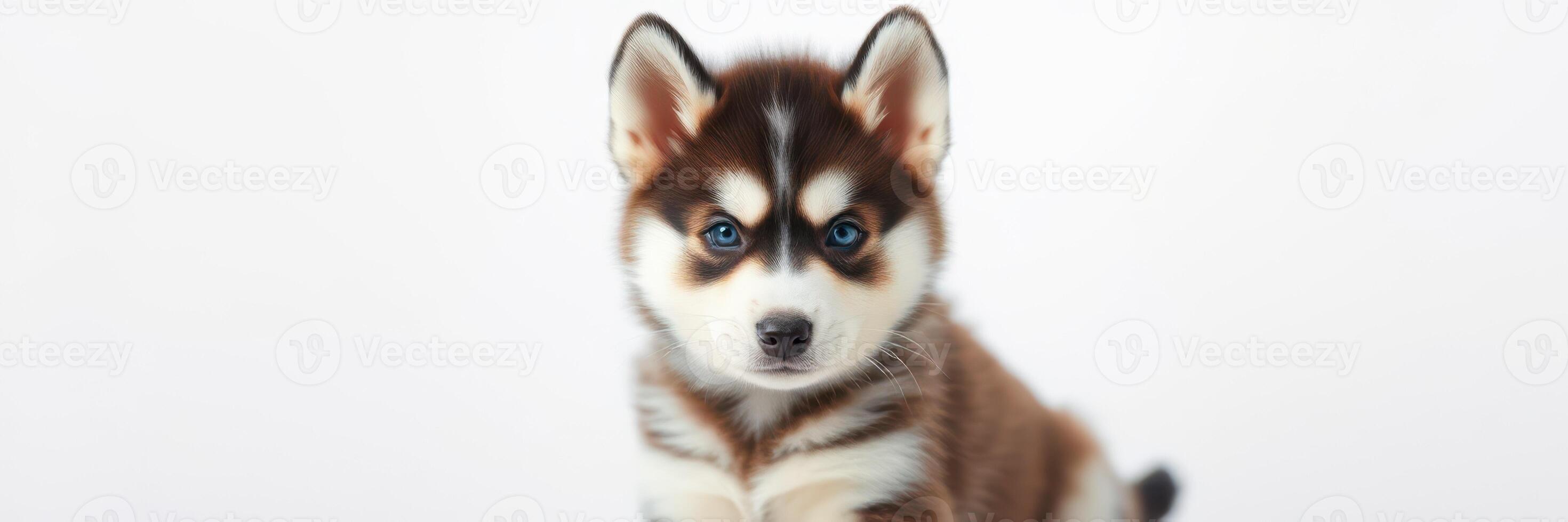 Cute Husky puppy sits calmly against a plain background showcasing its striking features and playful demeanor photo