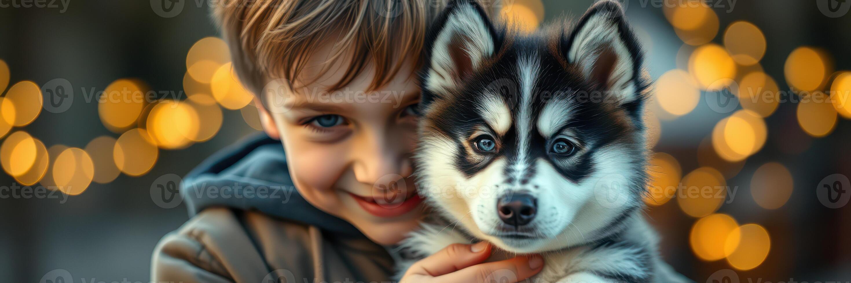Child smiling while holding a husky puppy in a festive atmosphere during twilight outdoors photo
