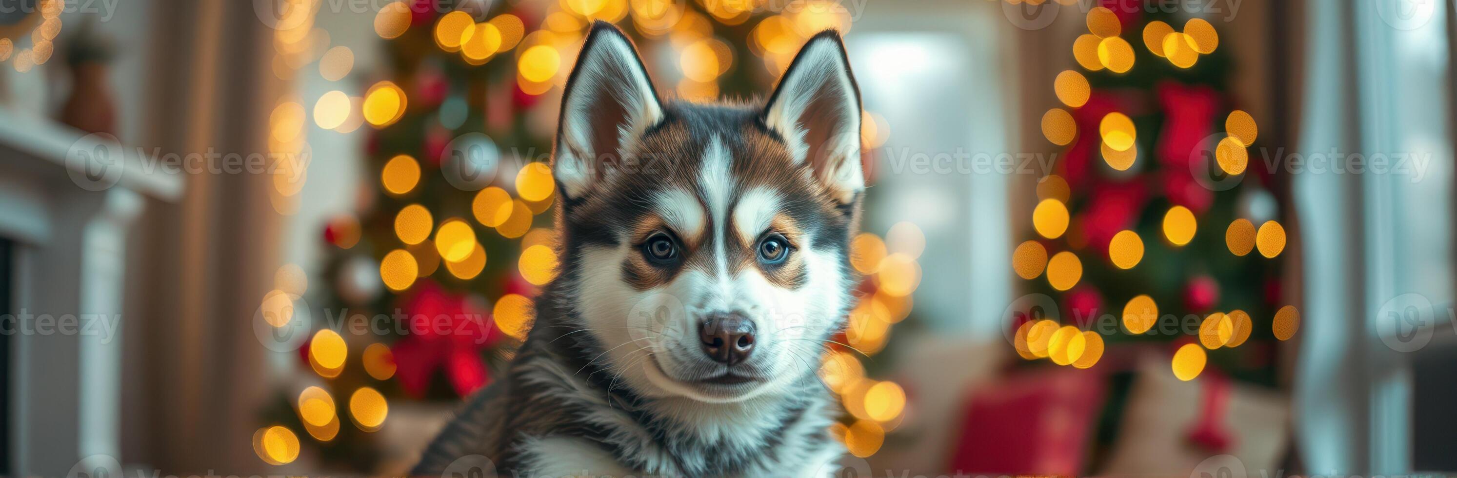Cute puppy poses in front of Christmas trees decorated with lights and ornaments in a cozy indoor setting during the holiday season photo