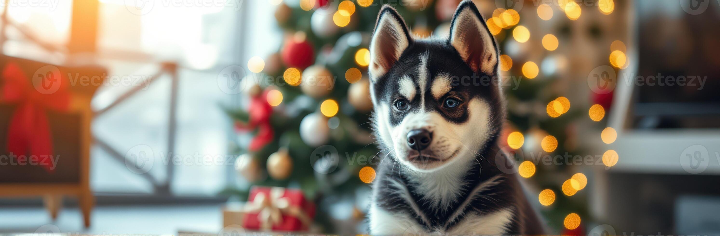Cute husky puppy sits in a festive living room decorated for Christmas with a tree and presents photo