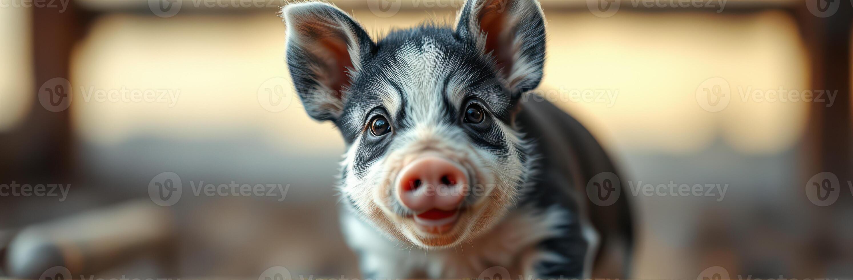 Cute piglet smiling at the camera in a farm setting during daylight hours photo