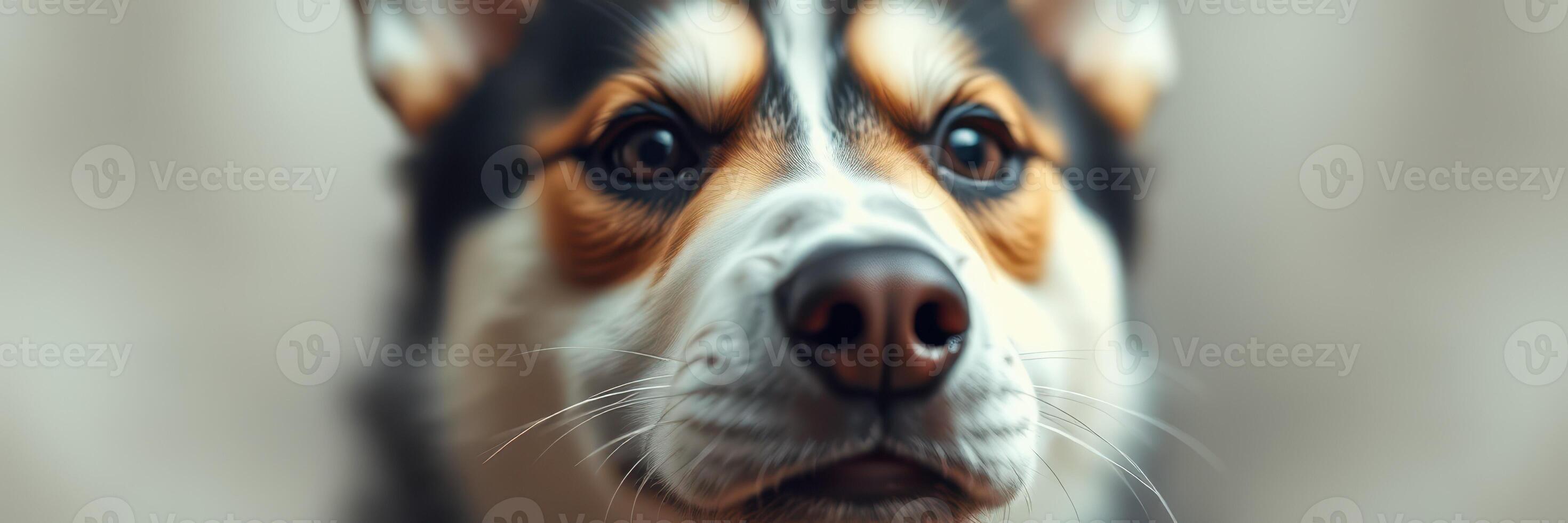 Close-up of a playful dog looking directly at the camera in a soft indoor setting during the afternoon photo