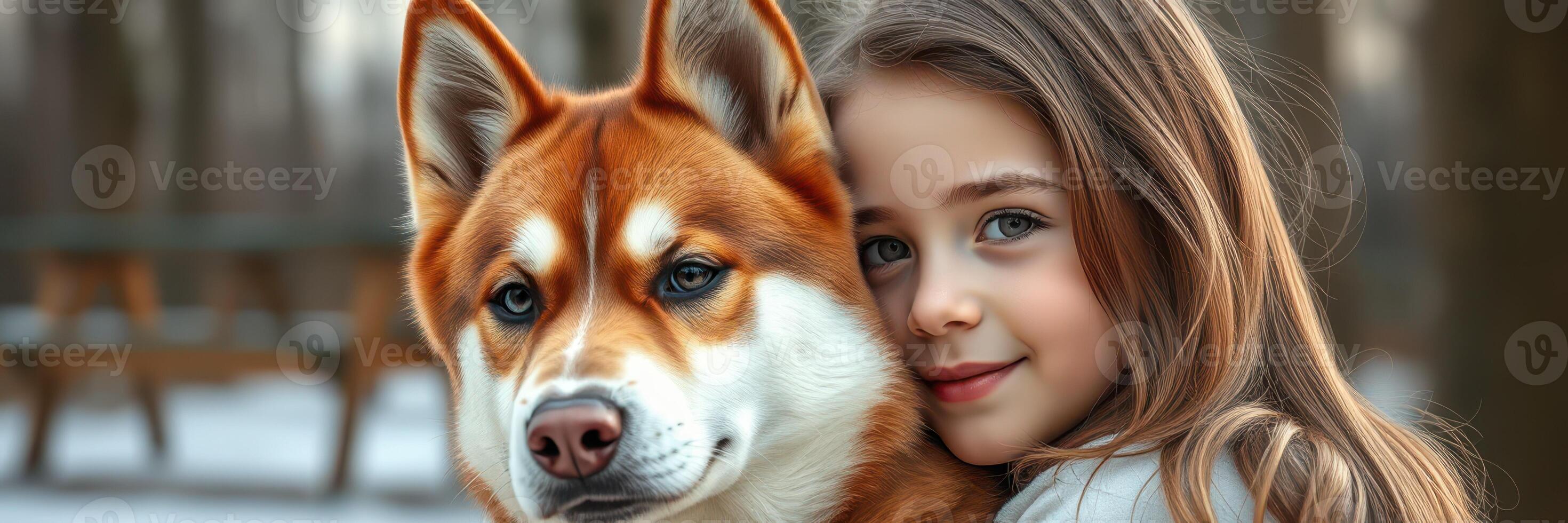 Young girl enjoys a winter day with her fluffy dog in a serene park setting photo