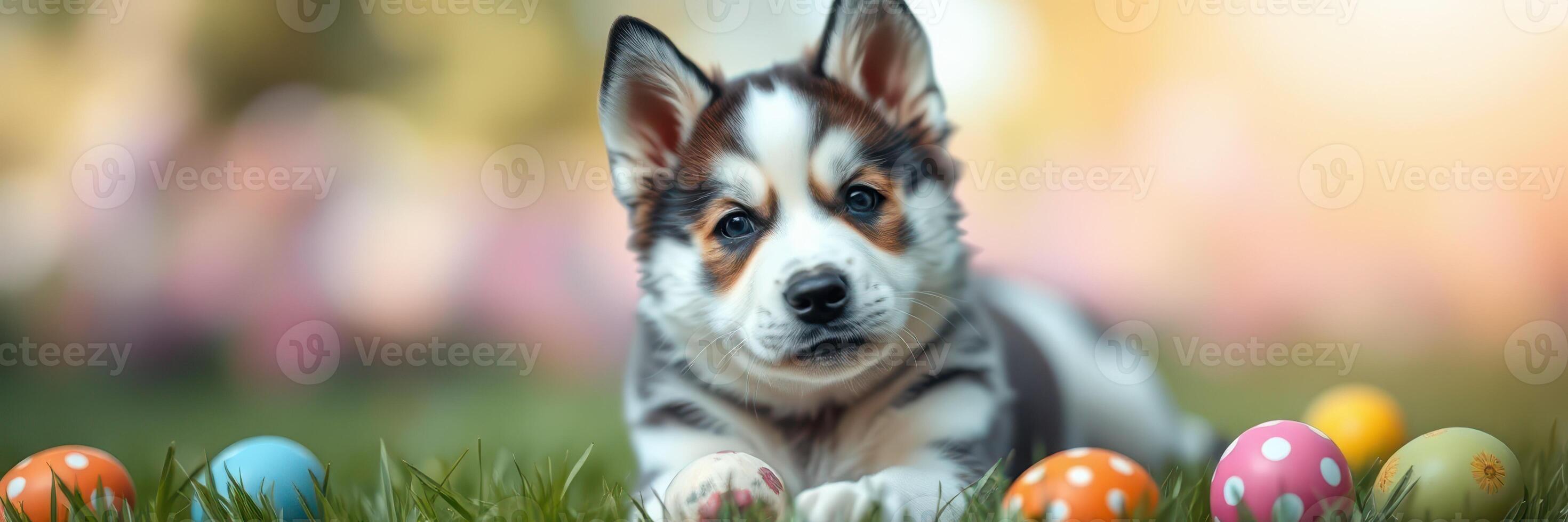 Cute puppy with colorful Easter eggs in a sunny outdoor setting enjoying a playful moment in spring photo