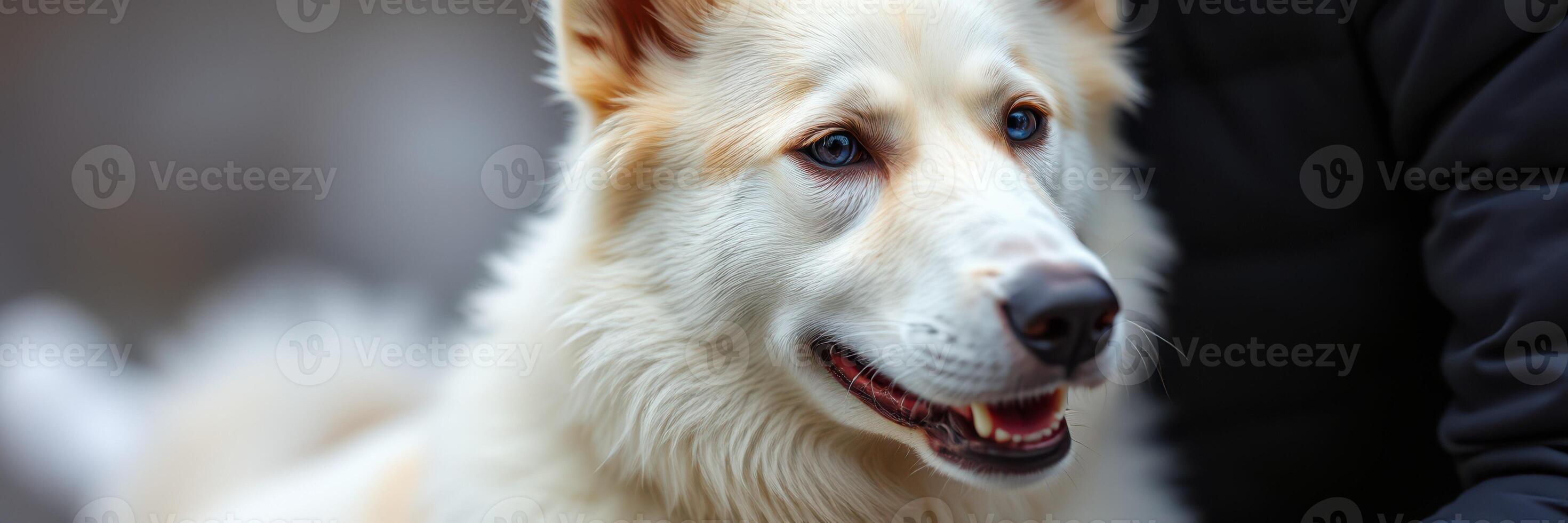 White fluffy dog displays joyful expression while being petted in a cozy indoor setting during winter morning photo