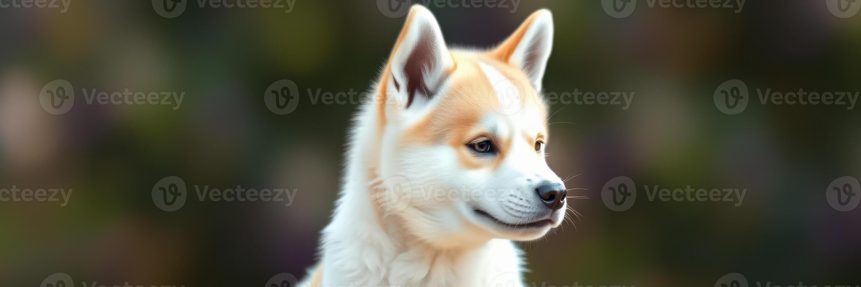 Cute Akita puppy plays outdoors during a sunny afternoon in a vibrant garden setting with colorful flowers and lush greenery photo