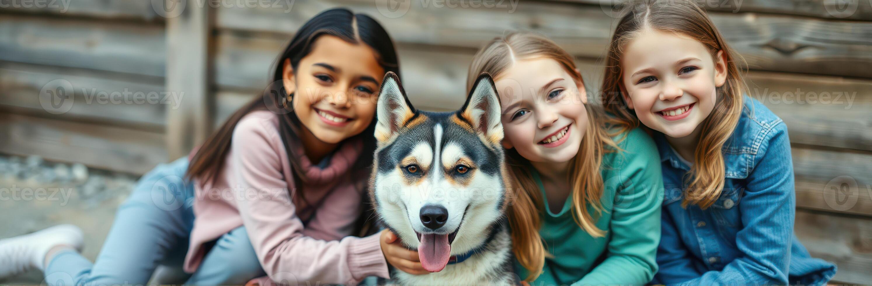 Three girls happily posing with a friendly husky in a backyard during a sunny afternoon photo