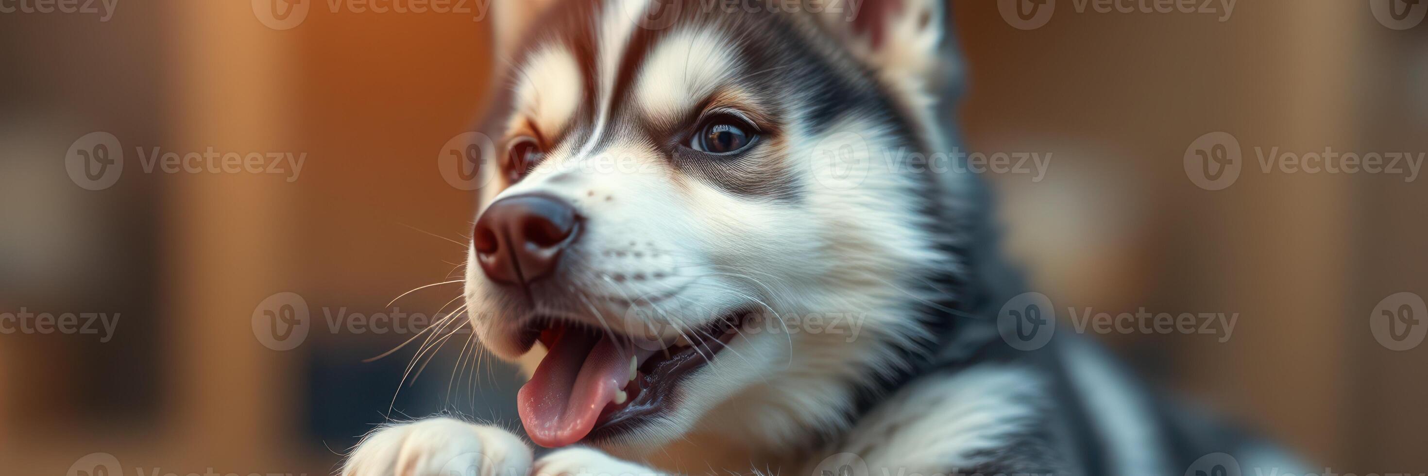Playful husky puppy enjoying a moment inside a cozy home environment photo