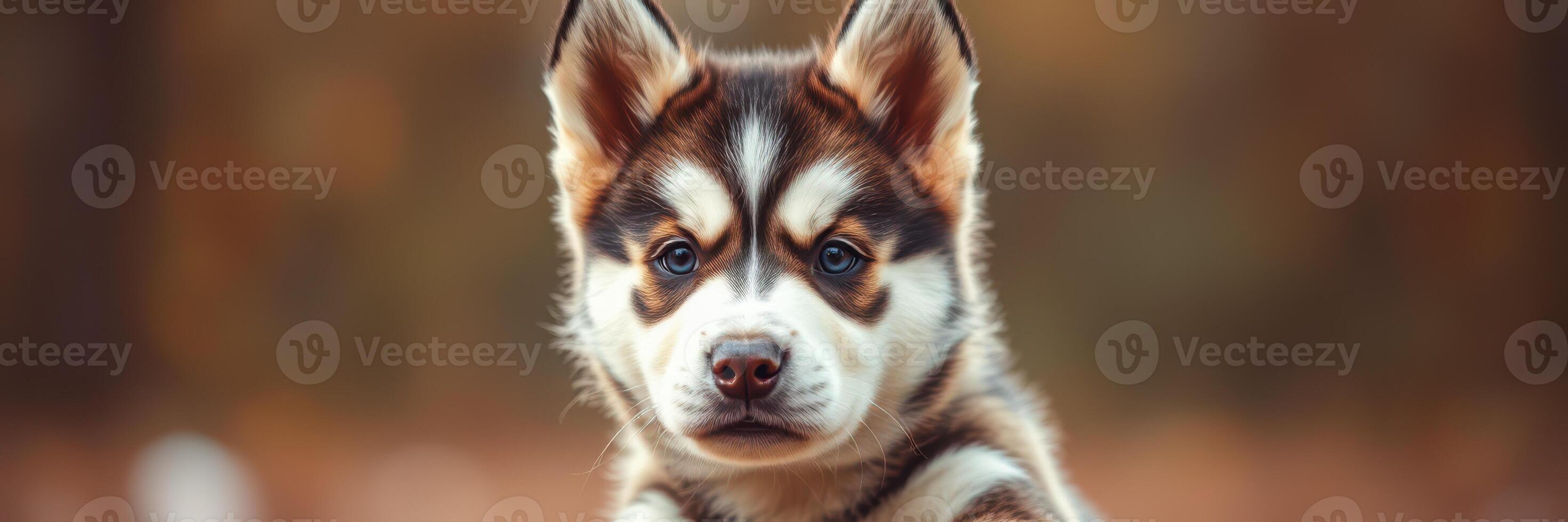 Playful husky puppy with striking features exploring a natural setting during the golden hour photo
