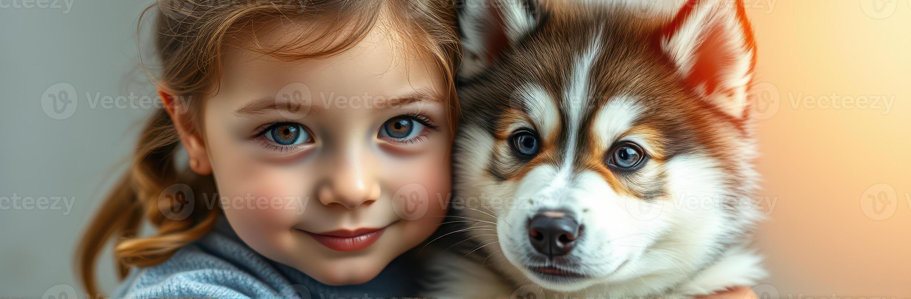 Little girl smiles while holding a fluffy puppy in a cozy indoor setting photo