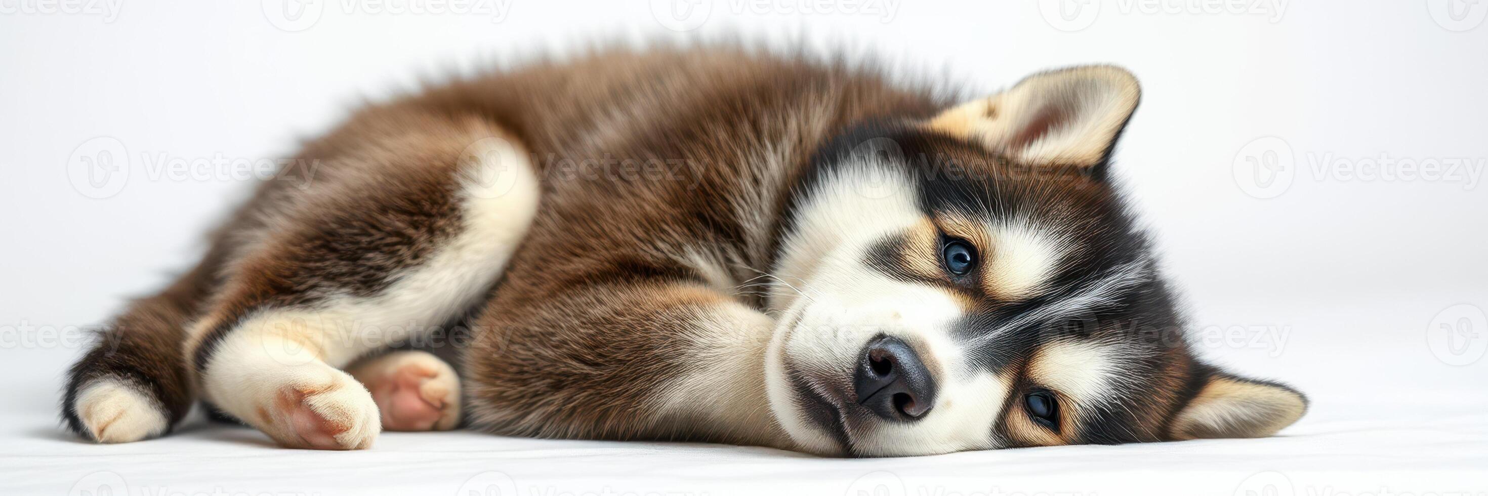 Playful Siberian Husky puppy resting comfortably on a smooth surface in a bright indoor setting during the day photo