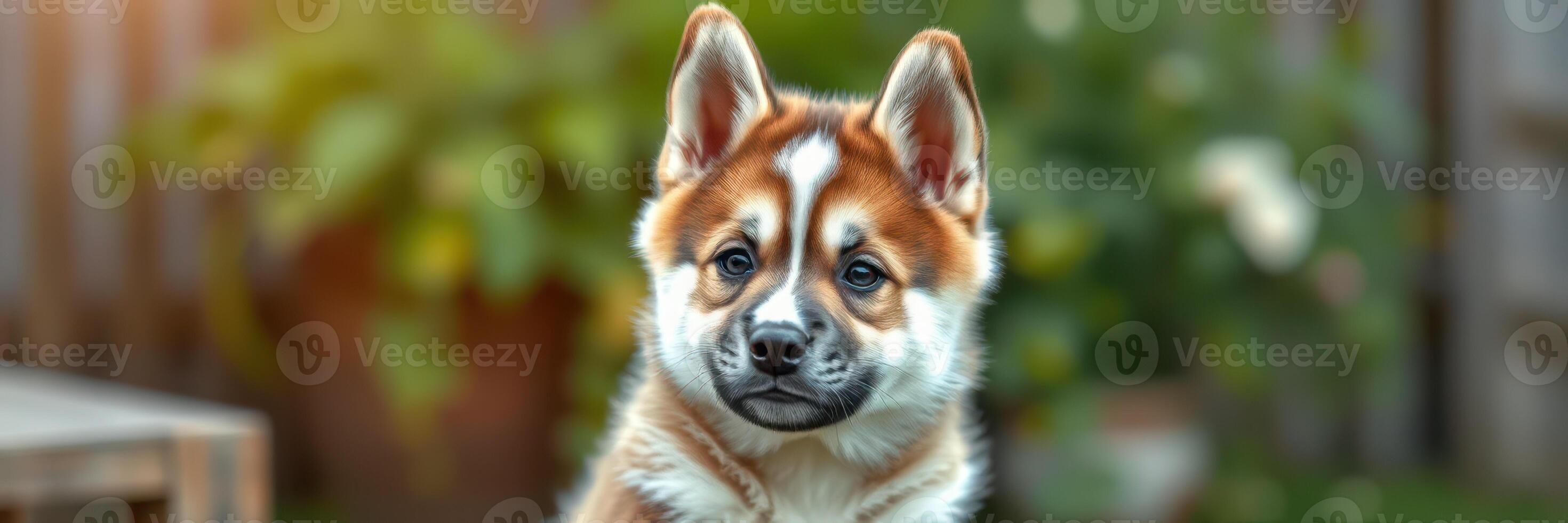 Brown and white dog standing outdoors with a curious expression in a vibrant garden during daylight photo