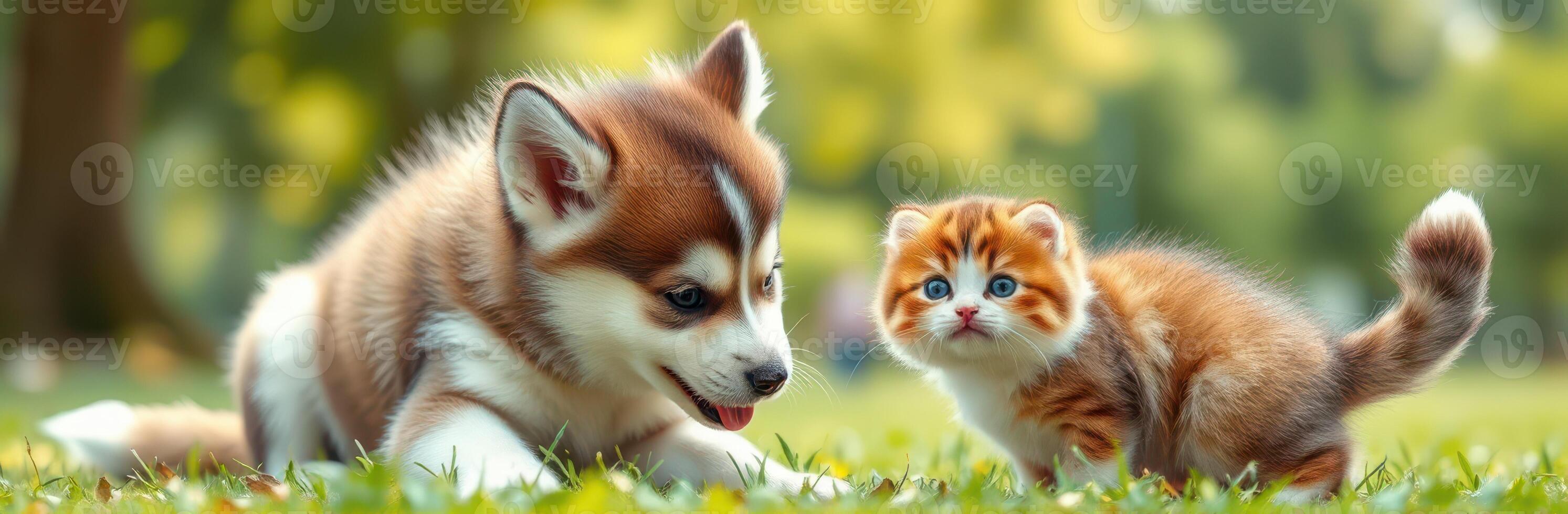 Cute kitten and playful puppy enjoy a sunny day in the park while exploring their surroundings together photo