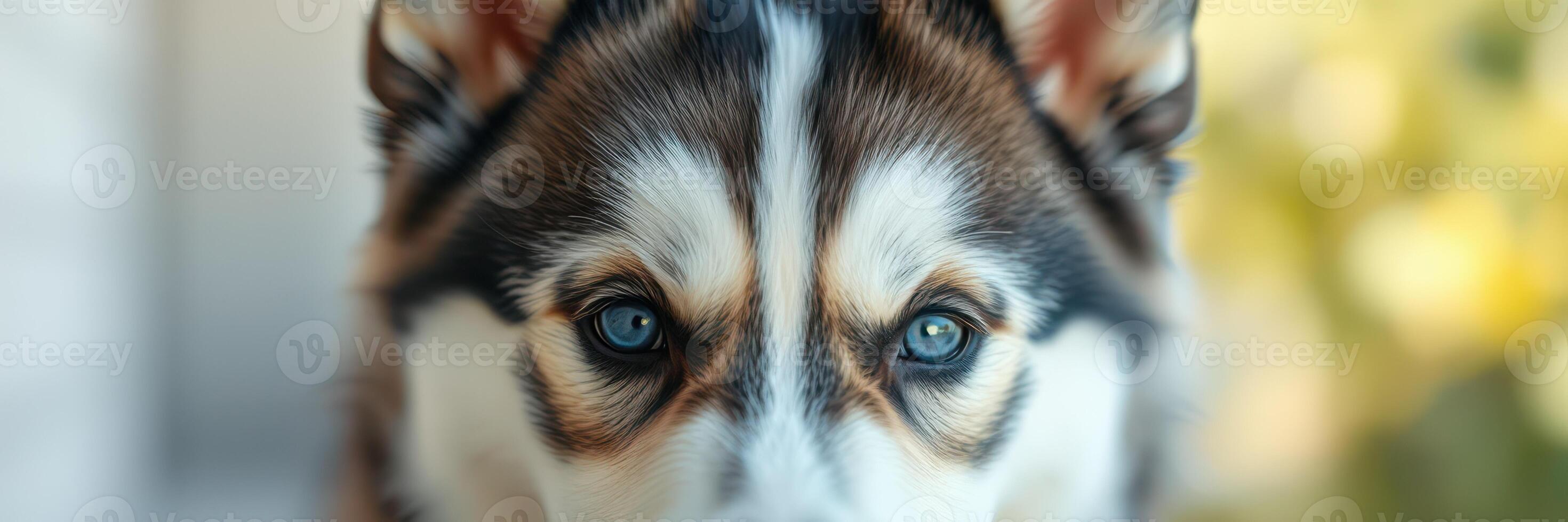 Close-up of a curious dog with striking eyes and beautiful fur exploring its surroundings in a bright indoor space photo