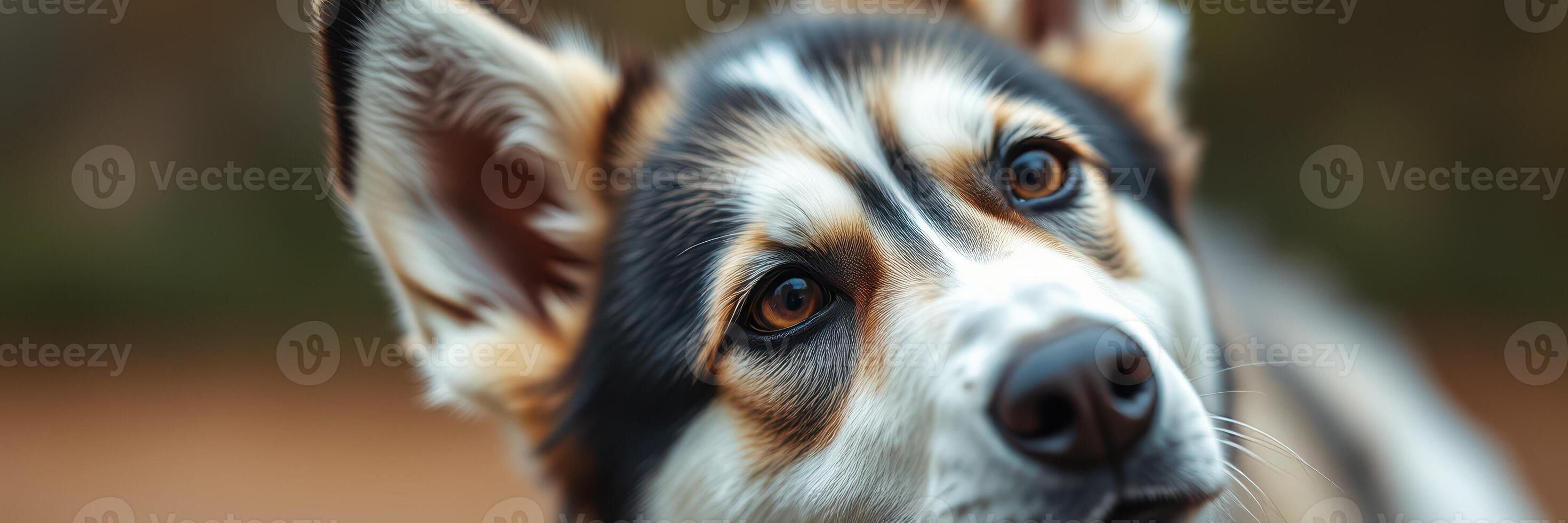 Curious dog with striking markings exploring a wooded area in the afternoon sunlight photo