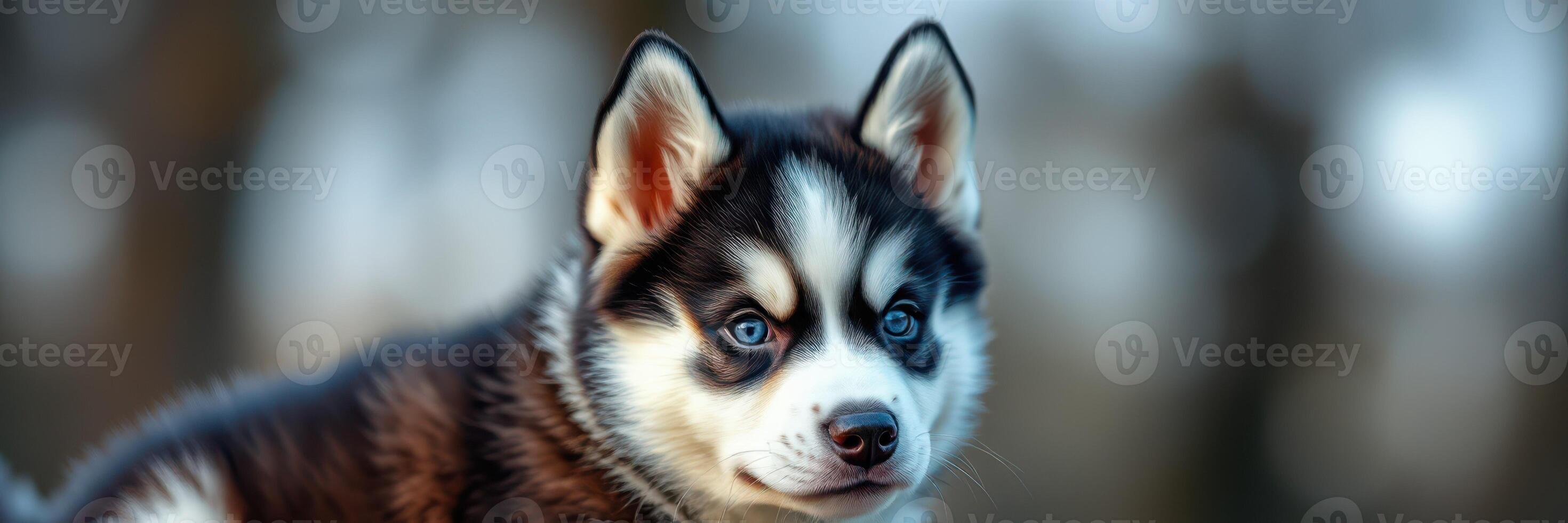 Cute husky puppy with striking blue eyes plays in a wooded area during early morning light photo