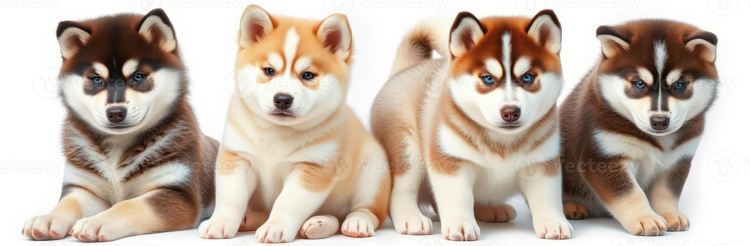 Cute shiba inu puppies sitting together in a cozy indoor setting showcasing their playful nature and variety of colors photo