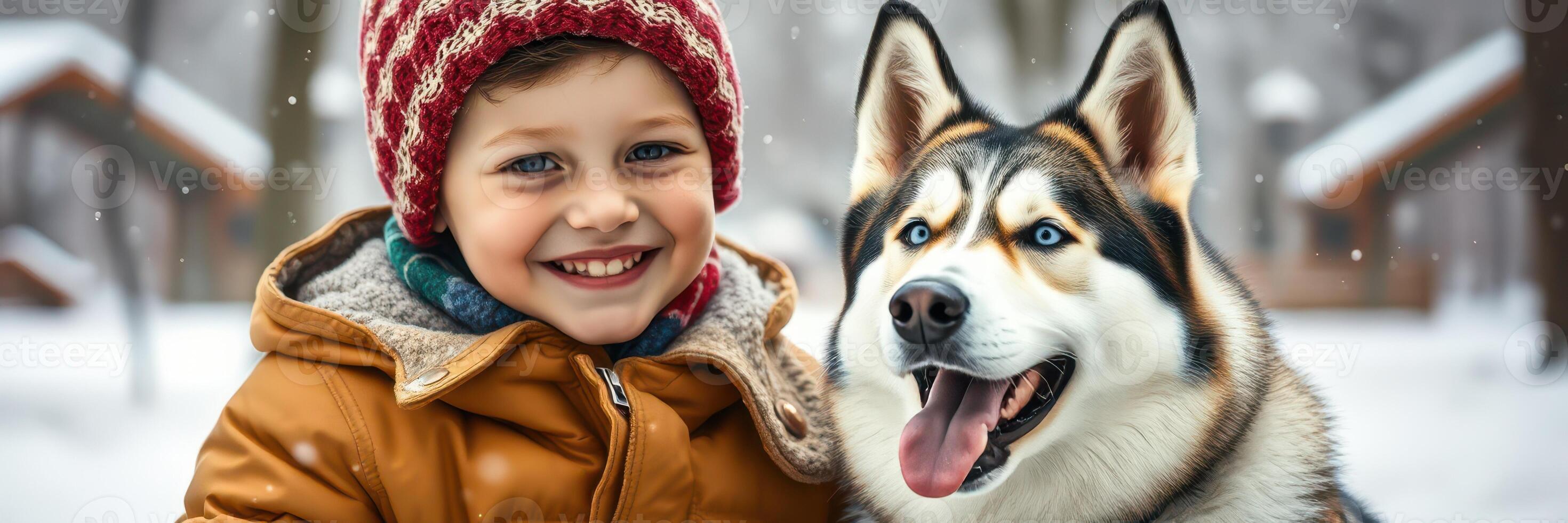 Smiling boy with a husky dog enjoying winter fun in a snowy forest with cozy cottages photo