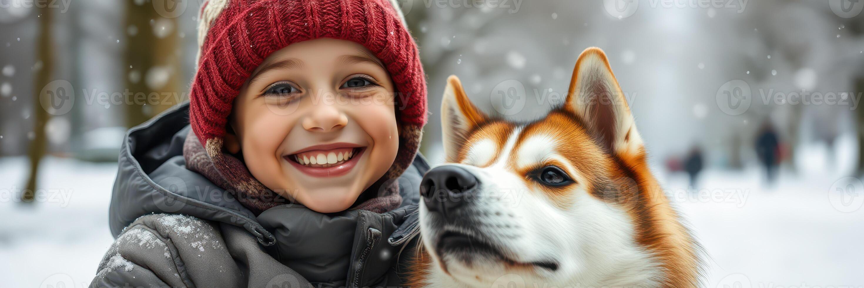Child and dog enjoy a snowy winter day in the park with cheerful smiles photo