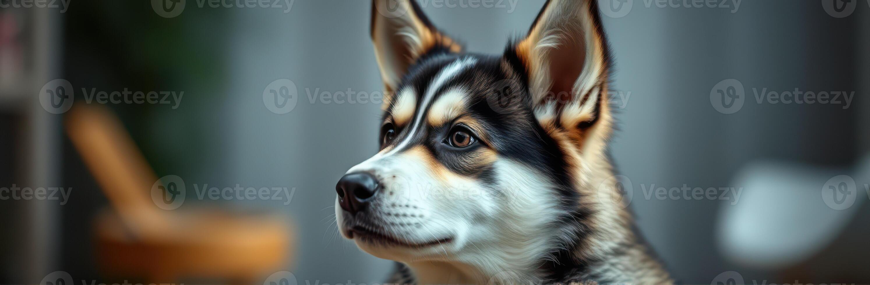 Young husky puppy sitting calmly indoors with soft lighting and a modern background photo