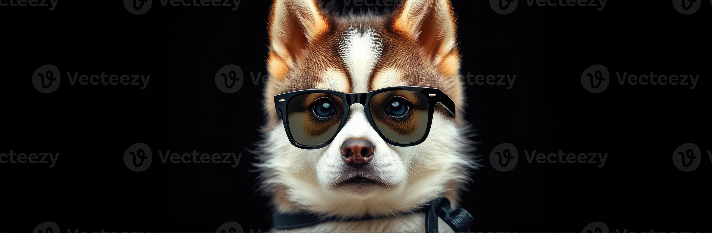 Cute dog wearing sunglasses poses confidently against a dark background in a playful and stylish manner photo