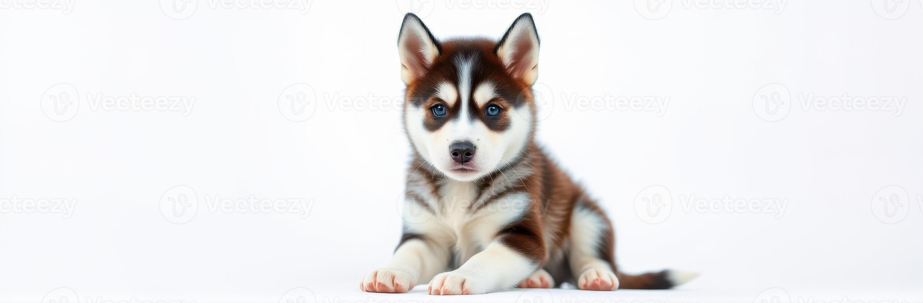 Cute husky puppy sitting calmly on a white background with alert expression and unique fur pattern in soft lighting photo
