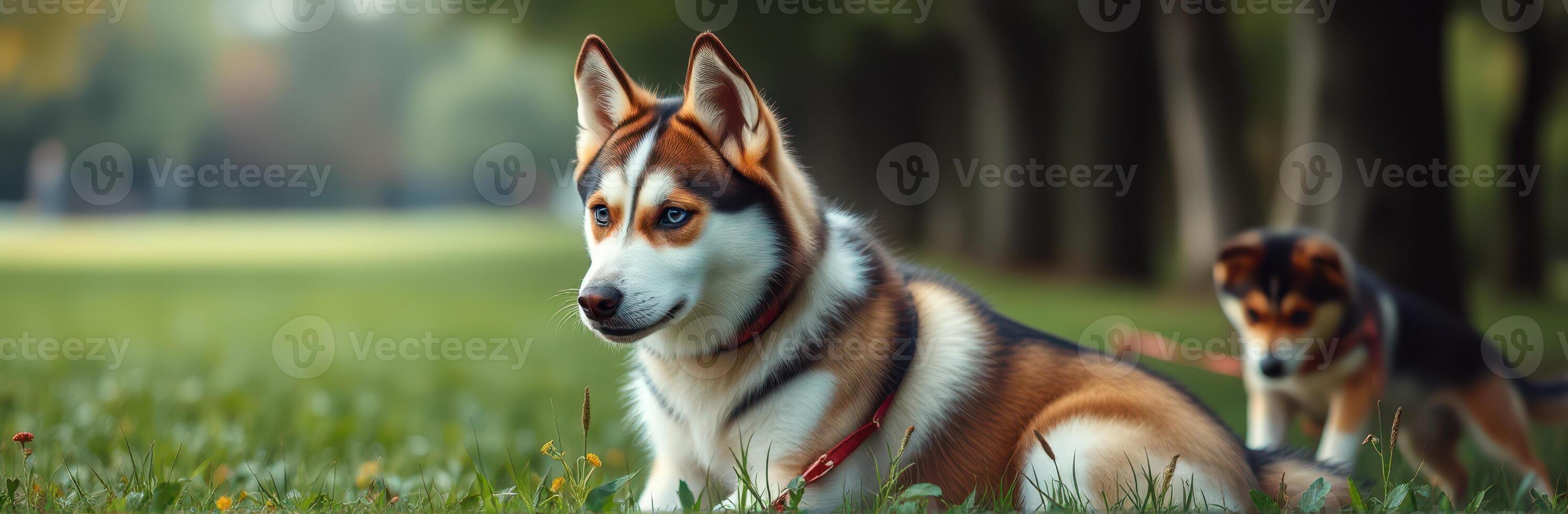 Two playful dogs enjoying a sunny afternoon in a lush green park with trees in the background photo