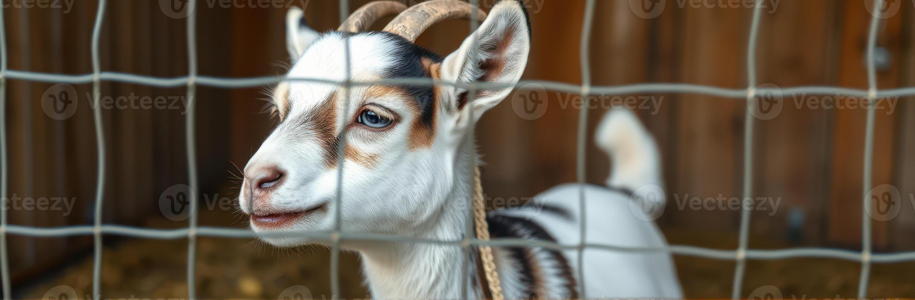 Young goat in a cozy barn setting enjoying a sunny day with wooden surroundings and soft bedding photo