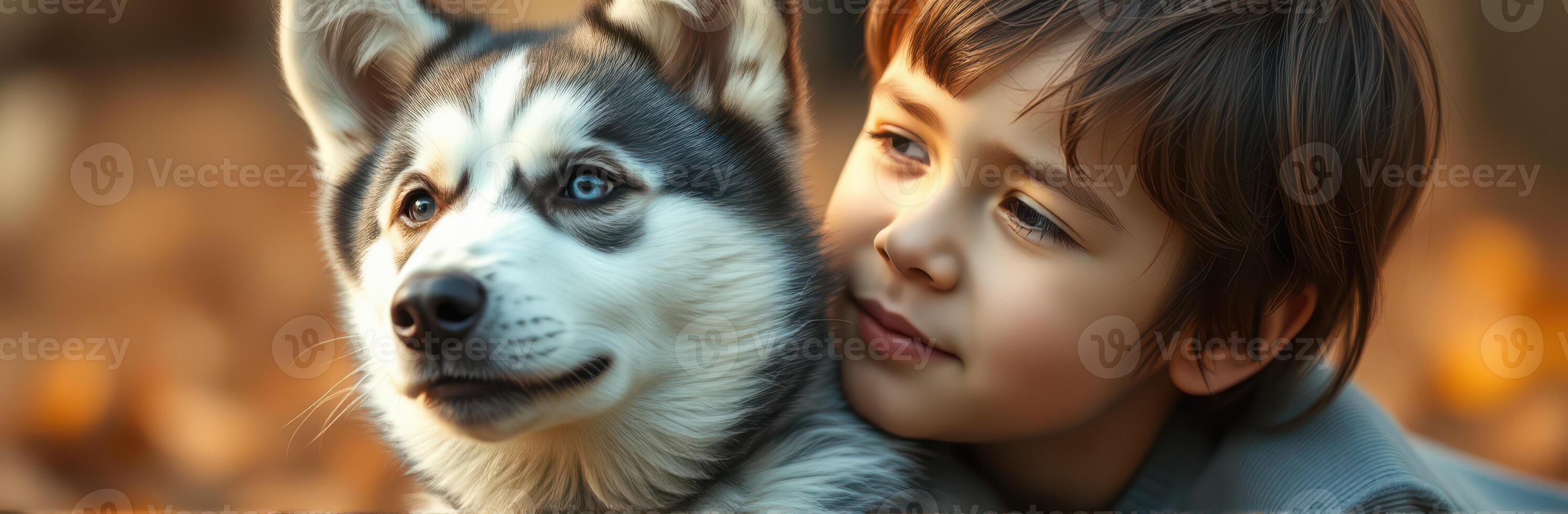 Child cuddles with friendly Siberian Husky in a warm autumn setting during golden hour photo