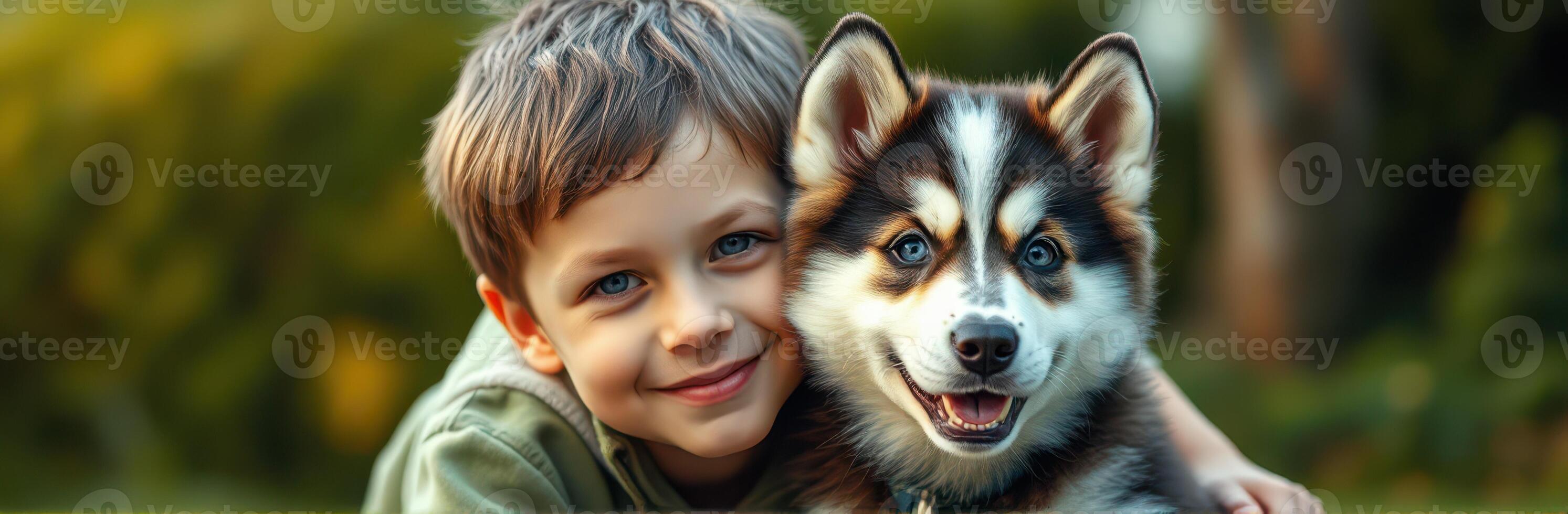 Young boy enjoys playtime with his happy puppy in a sunny park filled with greenery photo