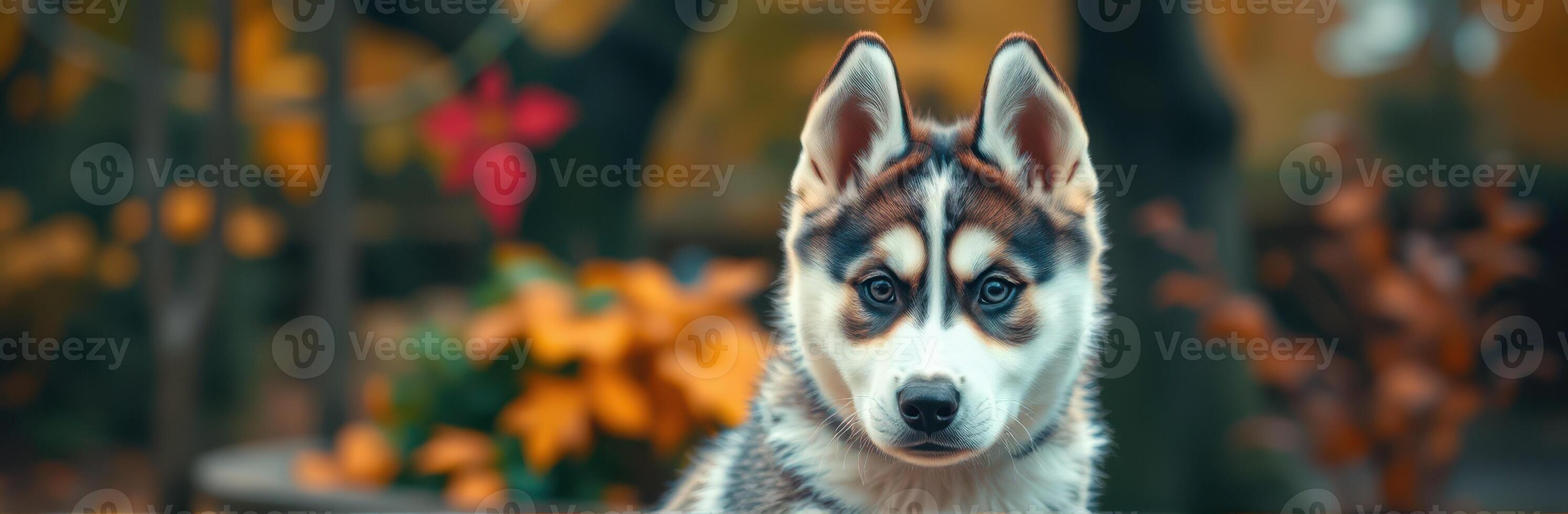 Siberian husky puppy in autumn park with colorful foliage and vibrant background photo