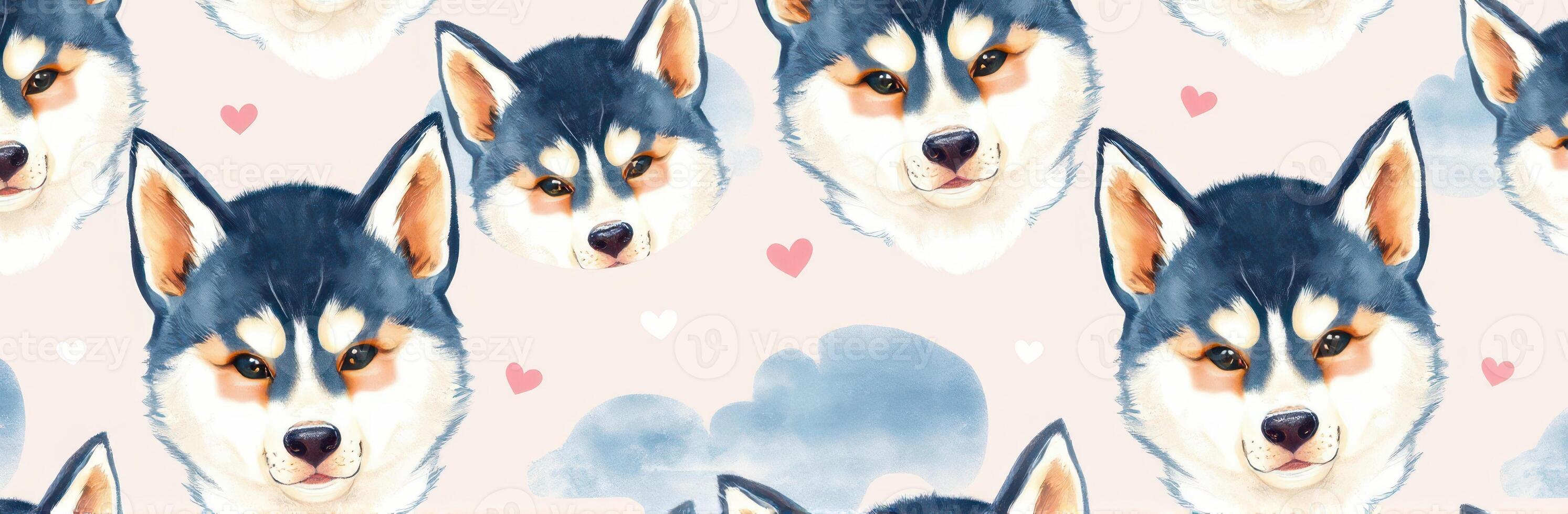Cute pattern featuring fluffy dogs on a pastel background with hearts and clouds photo