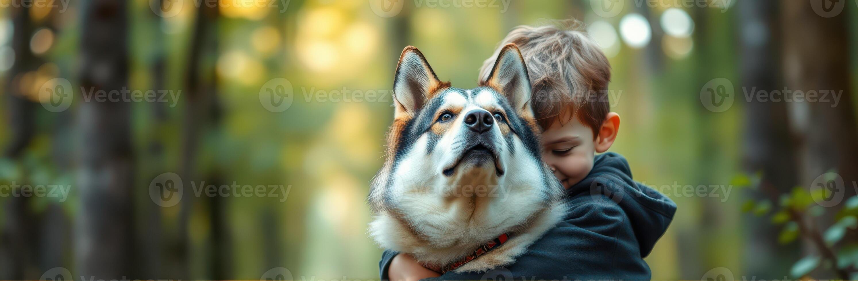 Boy hugs his pet dog in a serene forest during a warm afternoon photo