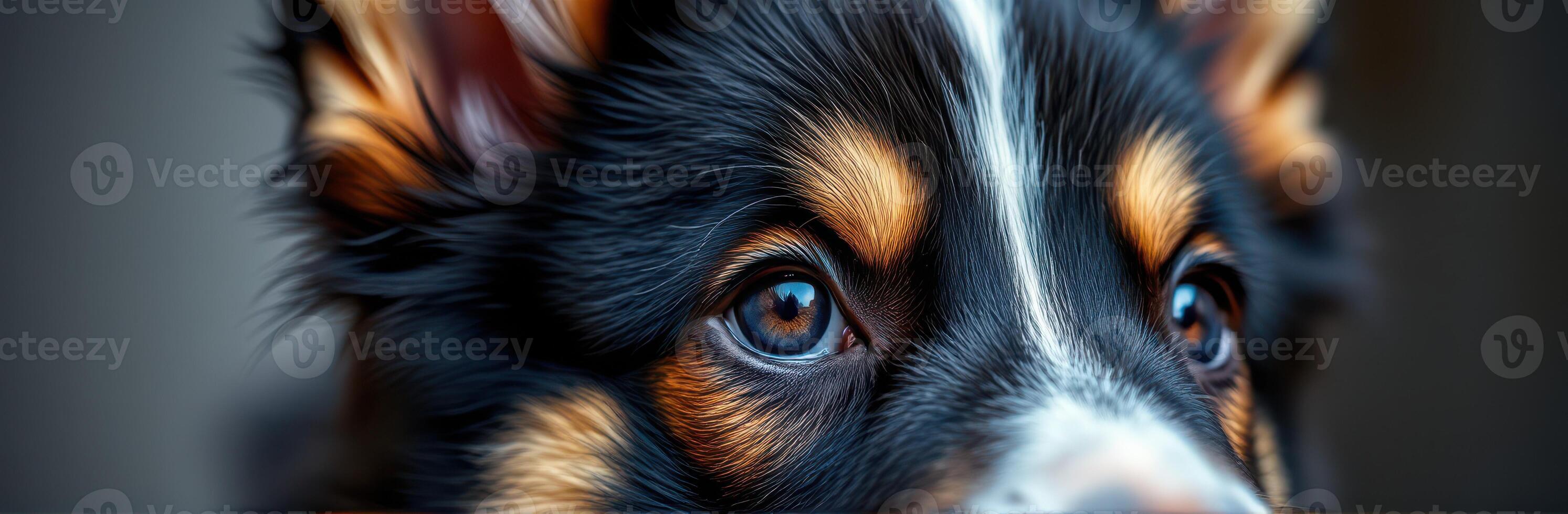 Close-up view of a playful dog showcasing its expressive eyes and fur details in a cozy indoor setting photo