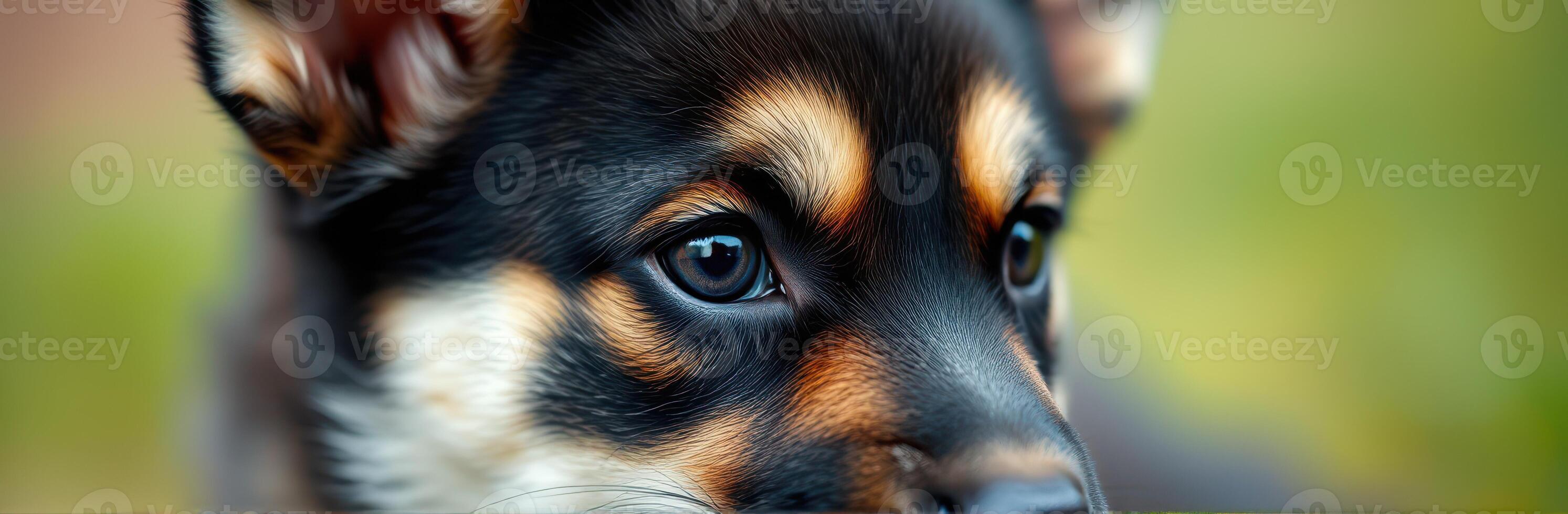 Close-up view of a playful puppy with expressive eyes enjoying a sunny day outdoors in a vibrant natural setting photo