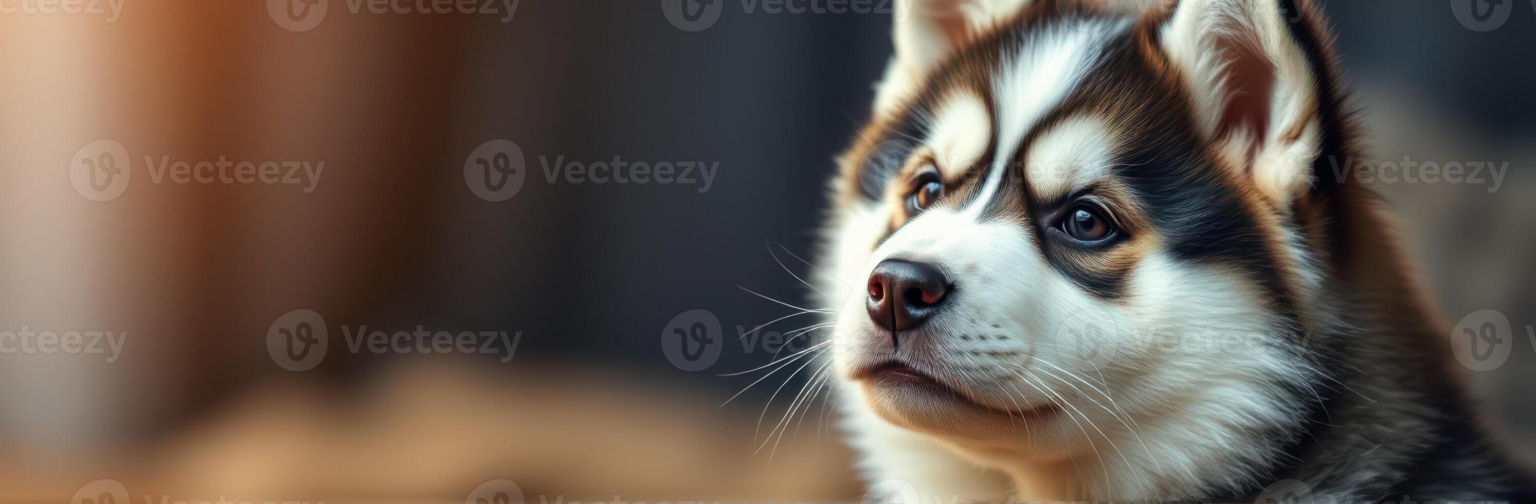 Cute husky puppy resting indoors with soft lighting and a serene expression photo