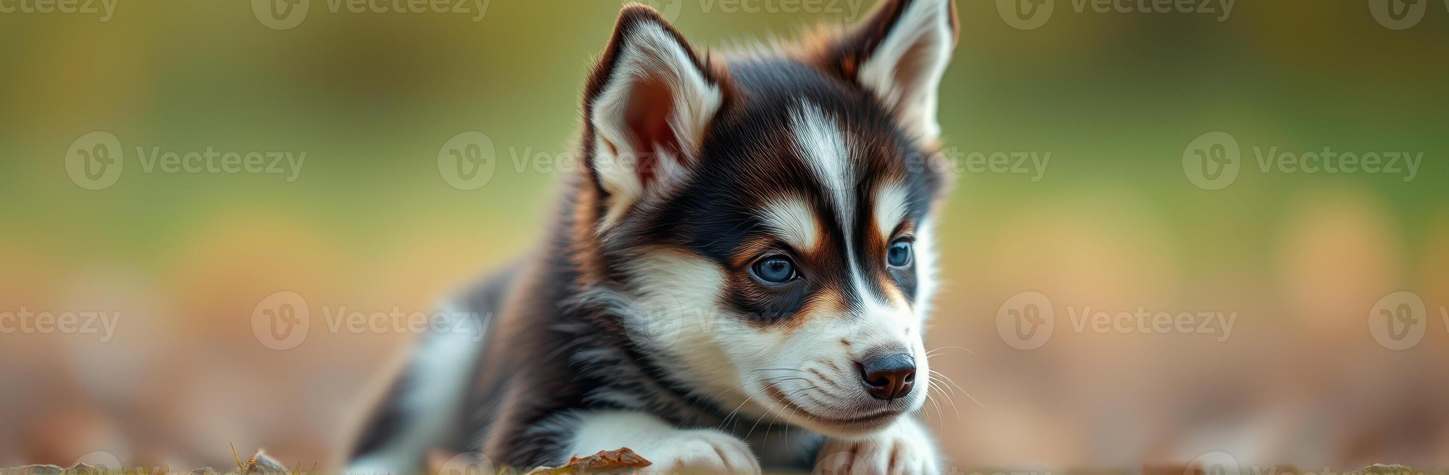 Playful husky puppy exploring a grassy area on a sunny day in early autumn photo