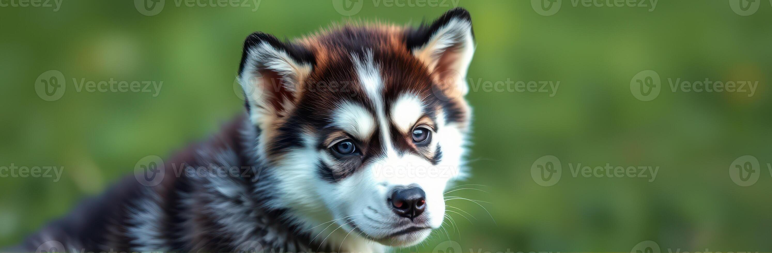 Cute Alaskan Malamute puppy with striking markings enjoying a sunny day in an open green field photo