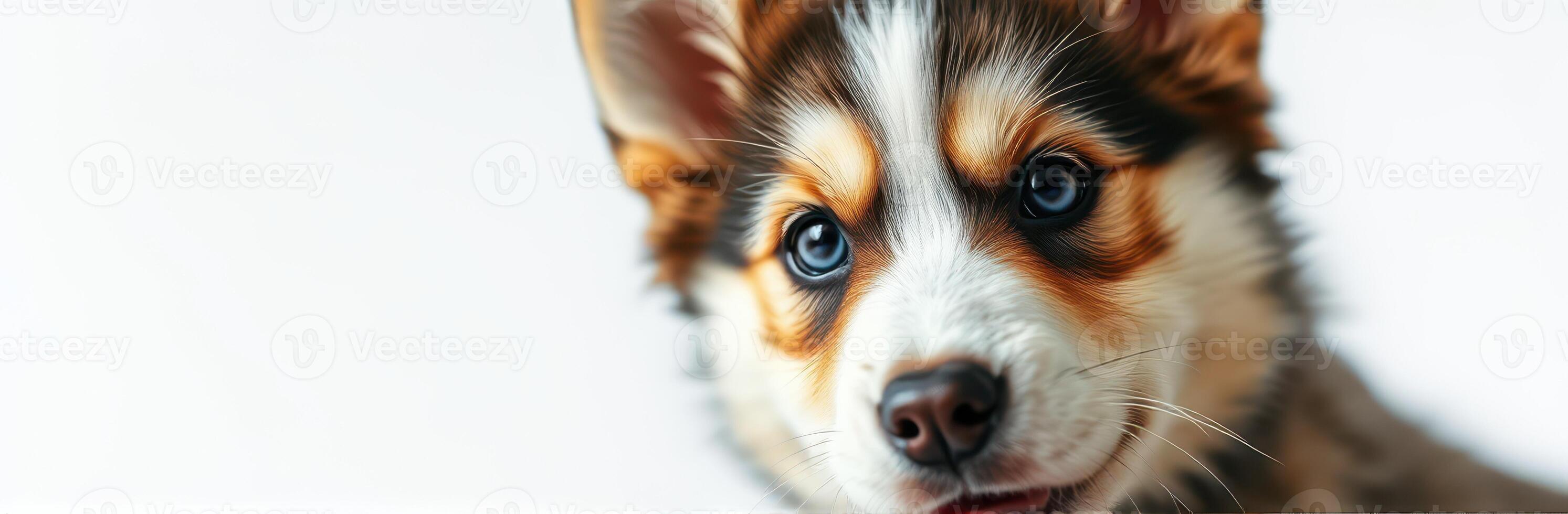 Playful puppy with striking eyes gazes curiously at the camera in a bright, spacious indoor setting photo