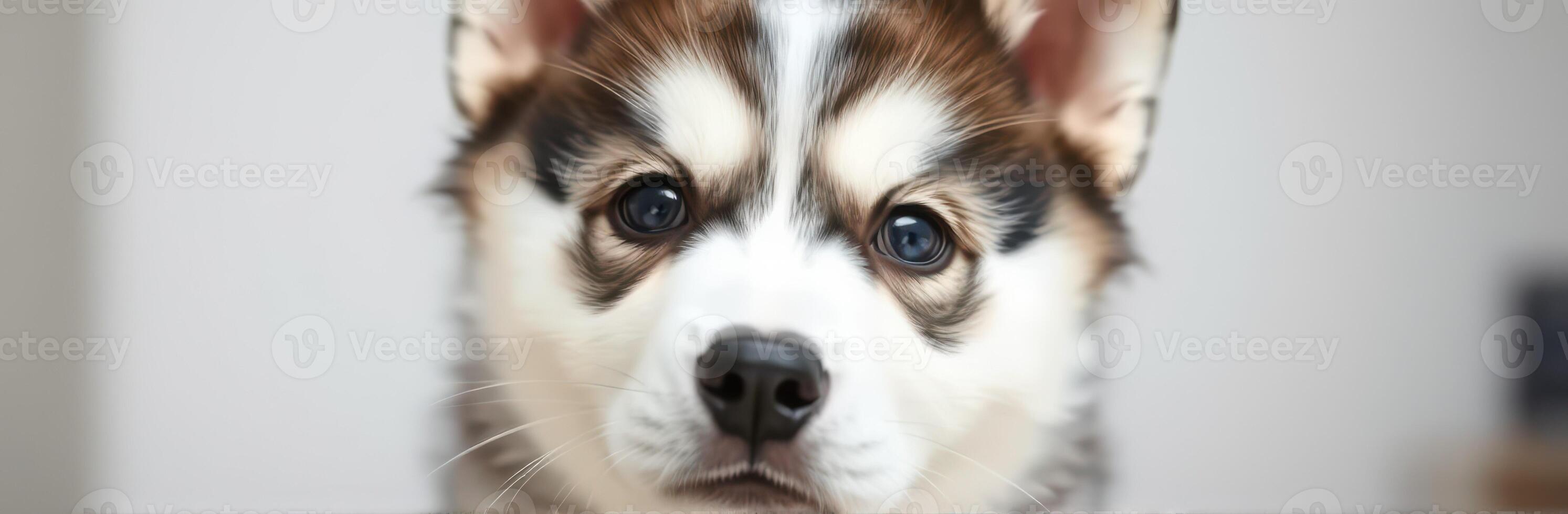 Cute puppy with striking eyes looking curiously at the camera in a cozy indoor space photo