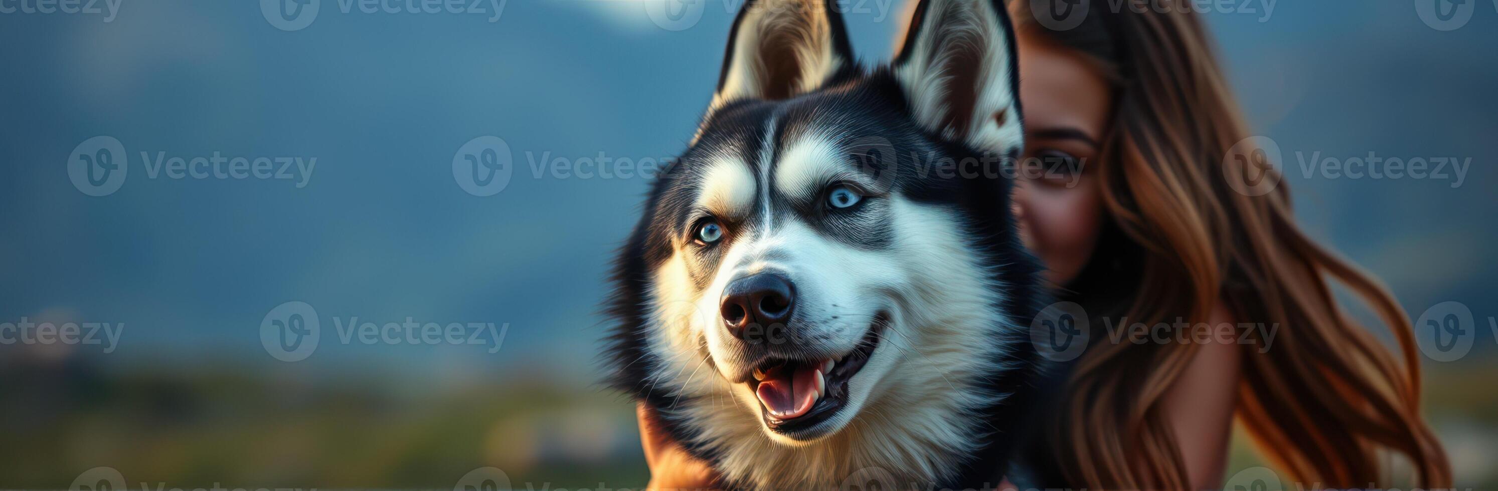 Woman joyfully embraces her Siberian Husky in a natural outdoor setting during the golden hour photo