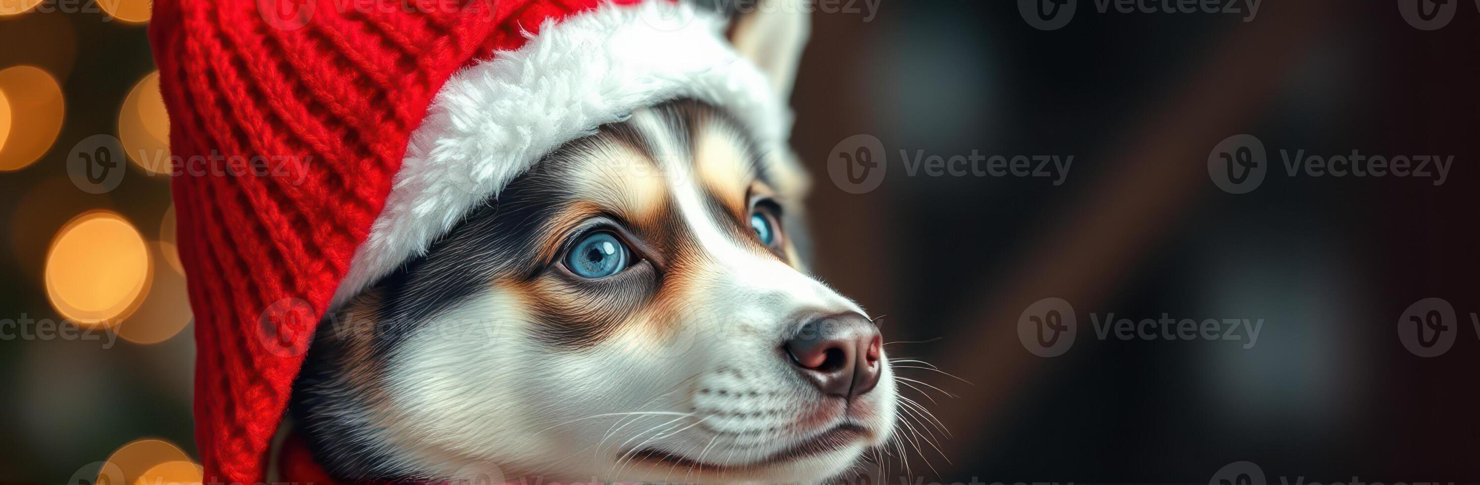 Cute husky puppy wearing a red Christmas hat with sparkling lights in the background during winter holiday season photo