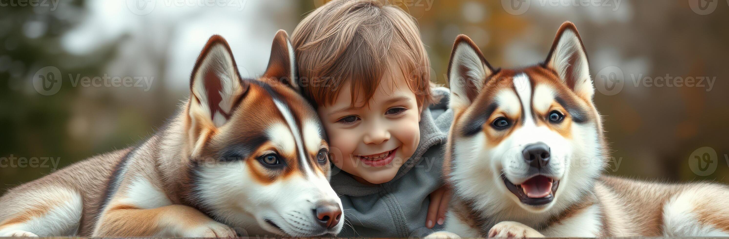 Child enjoys playful moments with two friendly huskies in a serene outdoor setting during autumn days photo