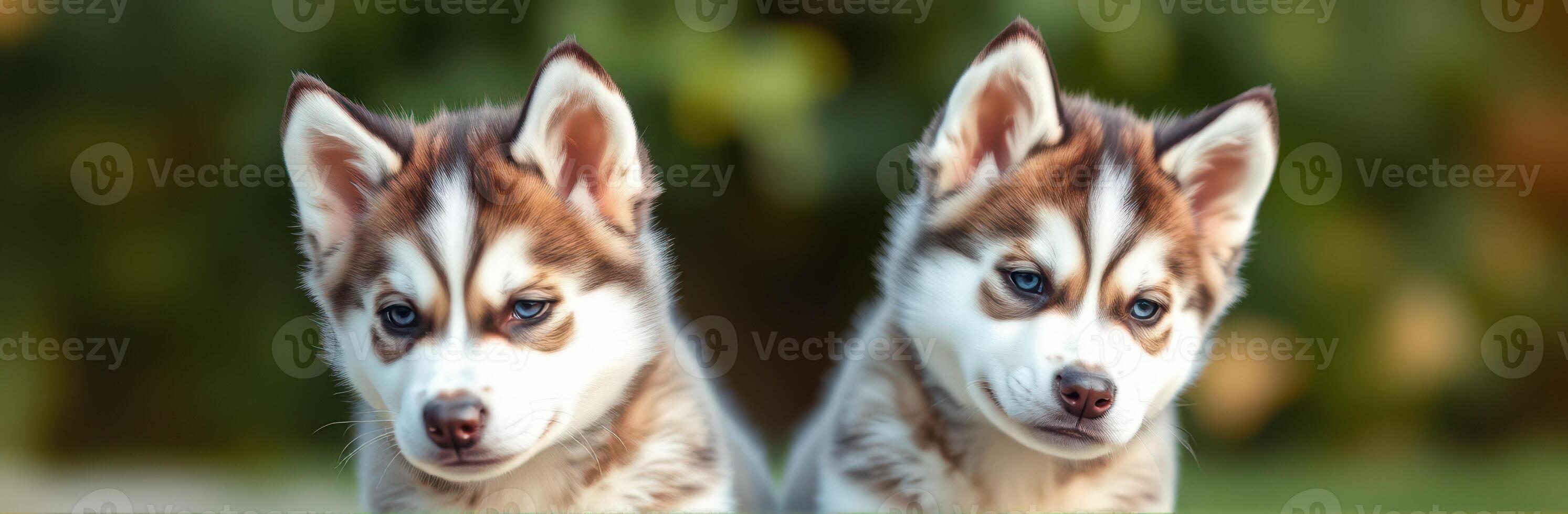 Two playful husky puppies sit side by side in a grassy area during golden hour sunlight, showcasing their charming features and expressions photo