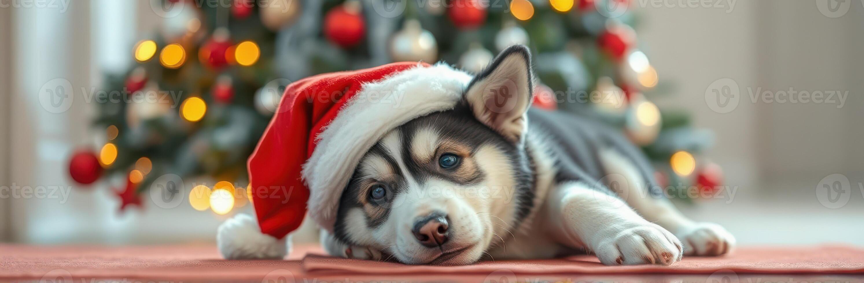 Cute husky puppy wearing a Santa hat relaxes on a rug in front of a decorated Christmas tree with sparkling lights photo
