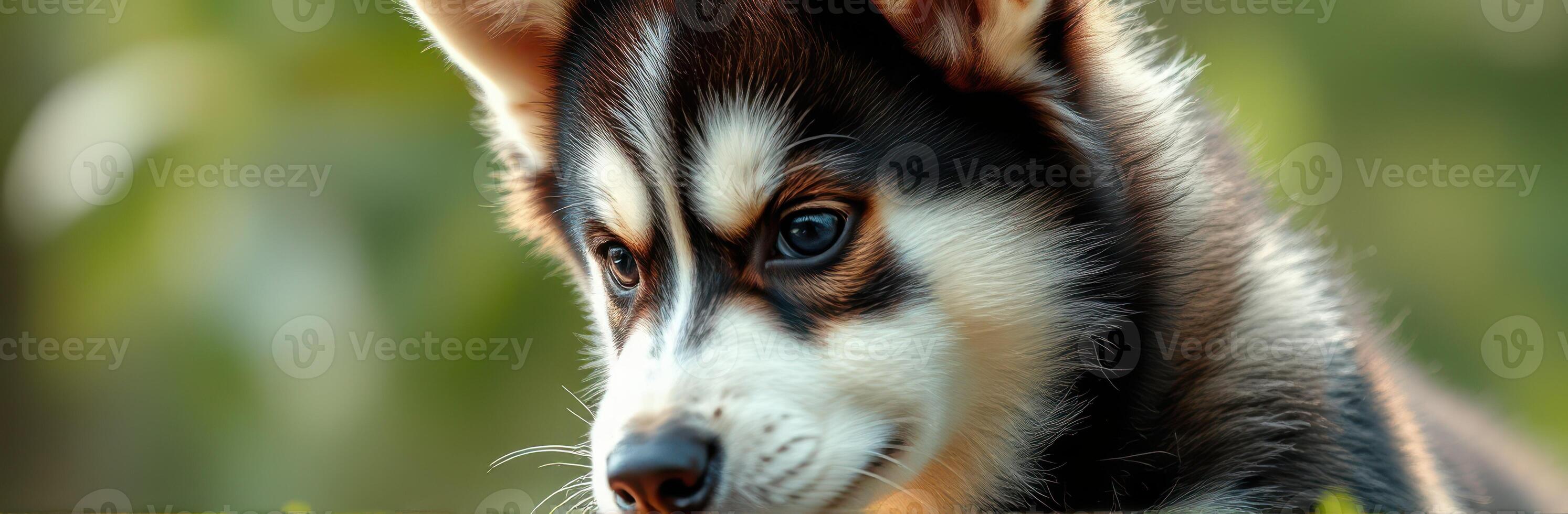 Cute husky puppy exploring a lush garden in the afternoon light photo
