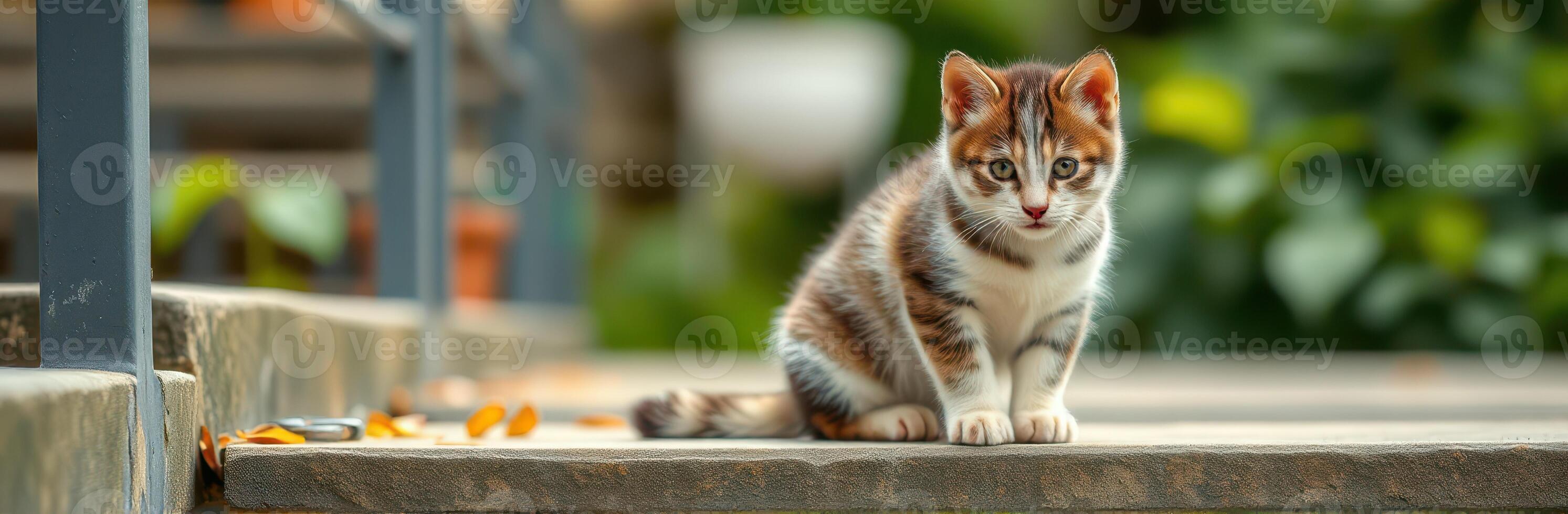 Curious kitten exploring a garden pathway on a sunny day in the spring season photo
