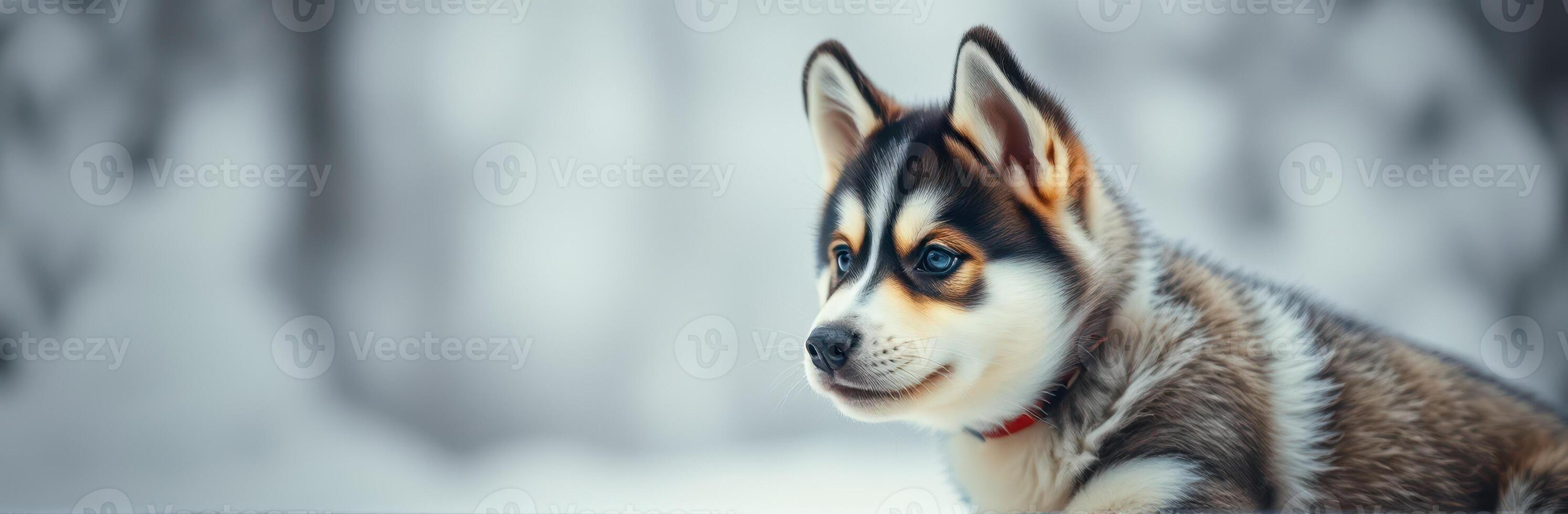 Cute husky puppy playing in snowy landscape during winter afternoon in a serene forest setting photo