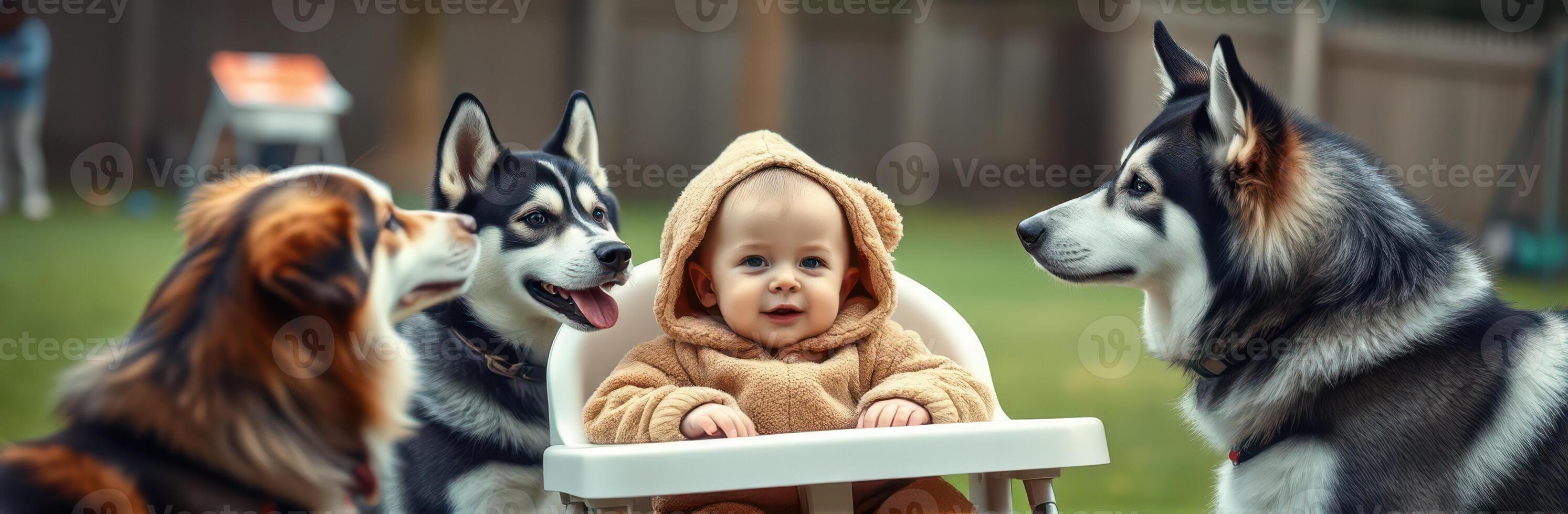 Adorable baby sitting in high chair surrounded by friendly dogs in a backyard on a sunny day photo